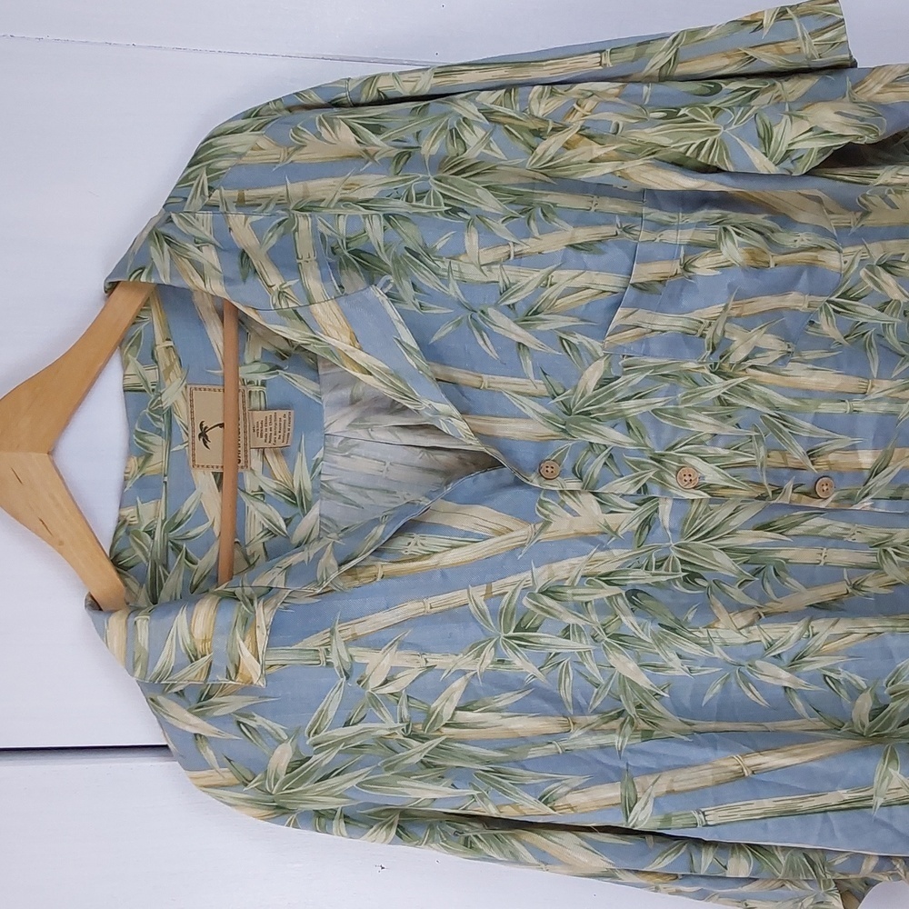Jamaica Jaxx| Silk Blue Green Bamboo Palm Shirt Pocket Vacation Resortwear Sz.XL